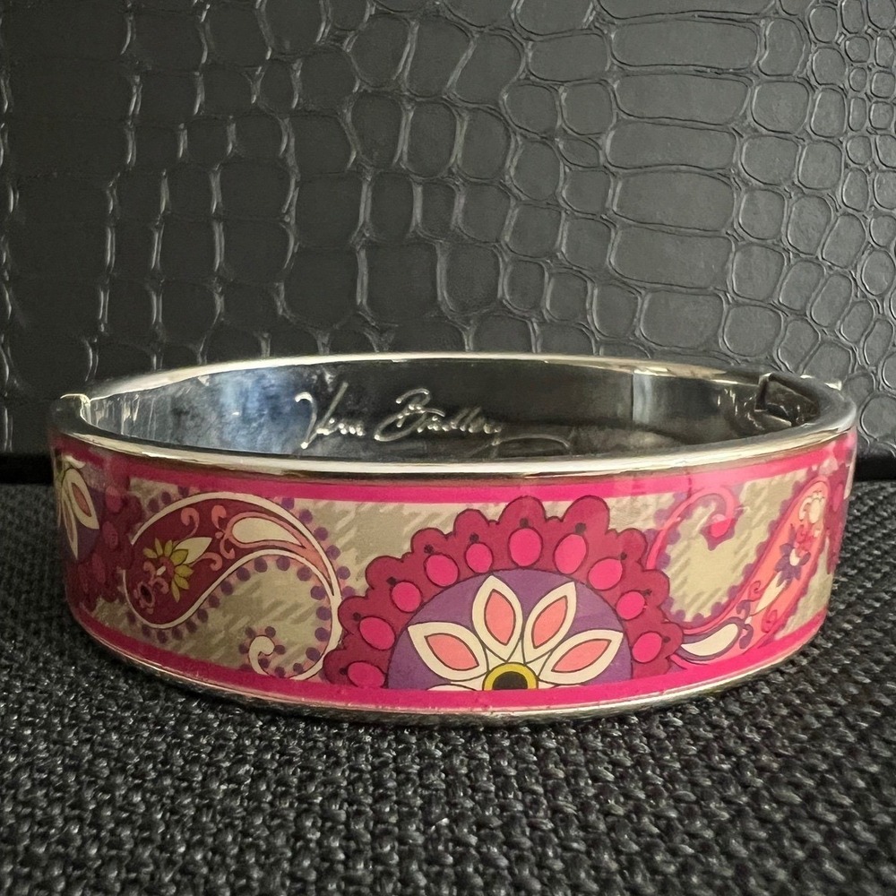 Vera Bradley Pink Paisley Enamel Hinge Bangle Bracelet Size M Maximalist